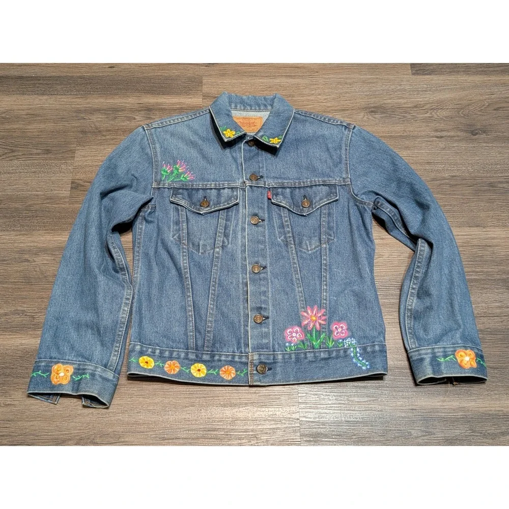 VTG 70704-0917 Levis Kids Denim‎ Jacket Painted Peace Sign Flowers Size 18 USA